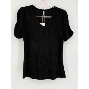 Evaless Black Textured V Neck Puff Sleeve Top Women's Size M